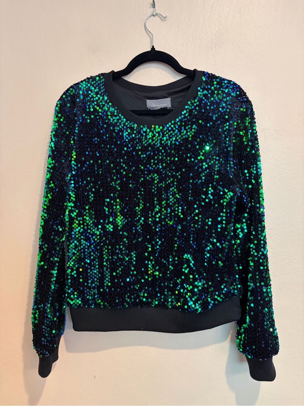 Anthropologie Black Crew Sweatshirt with Blue and Green Sequins All Over, size M